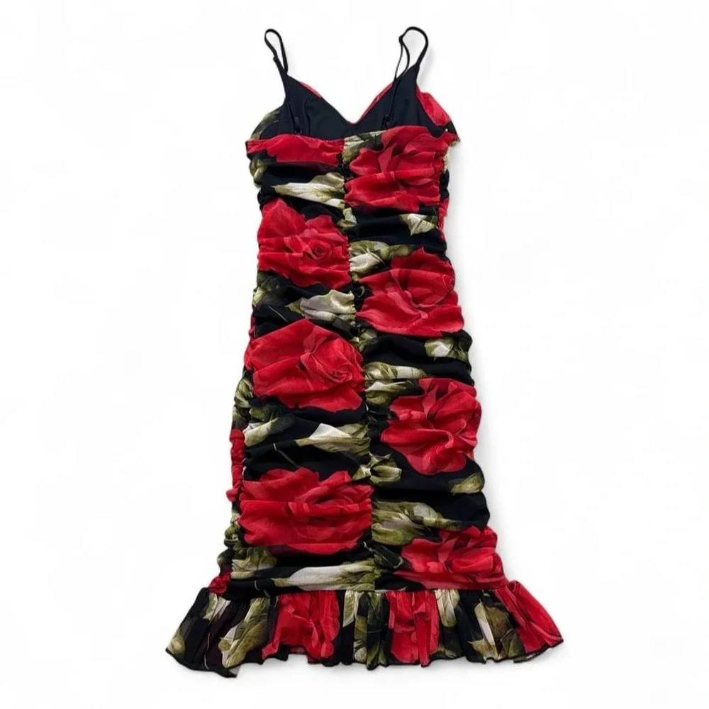 Y2K Ruffle Mini Dress Romantic Coquette Party Leyva's USA Rose Print Ruched S - Picture 3 of 8